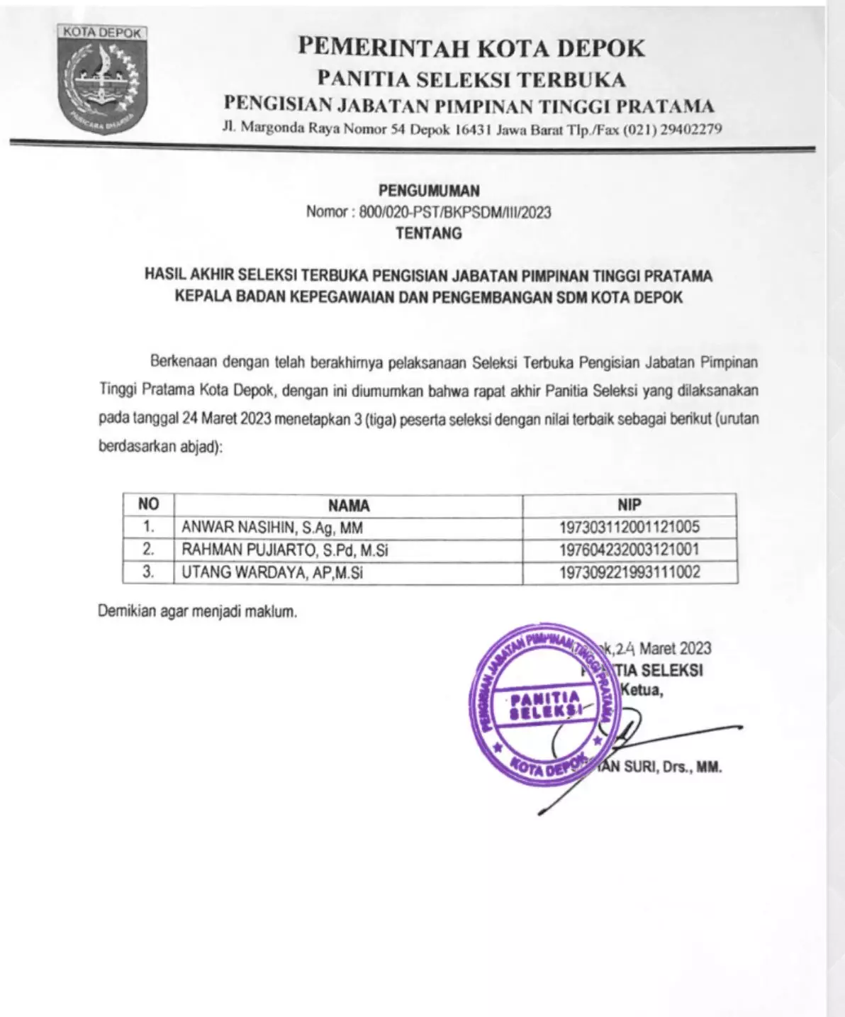 Seleksi Calon Kepala BKPSDM Kota Depok Sisakan Tiga Nama