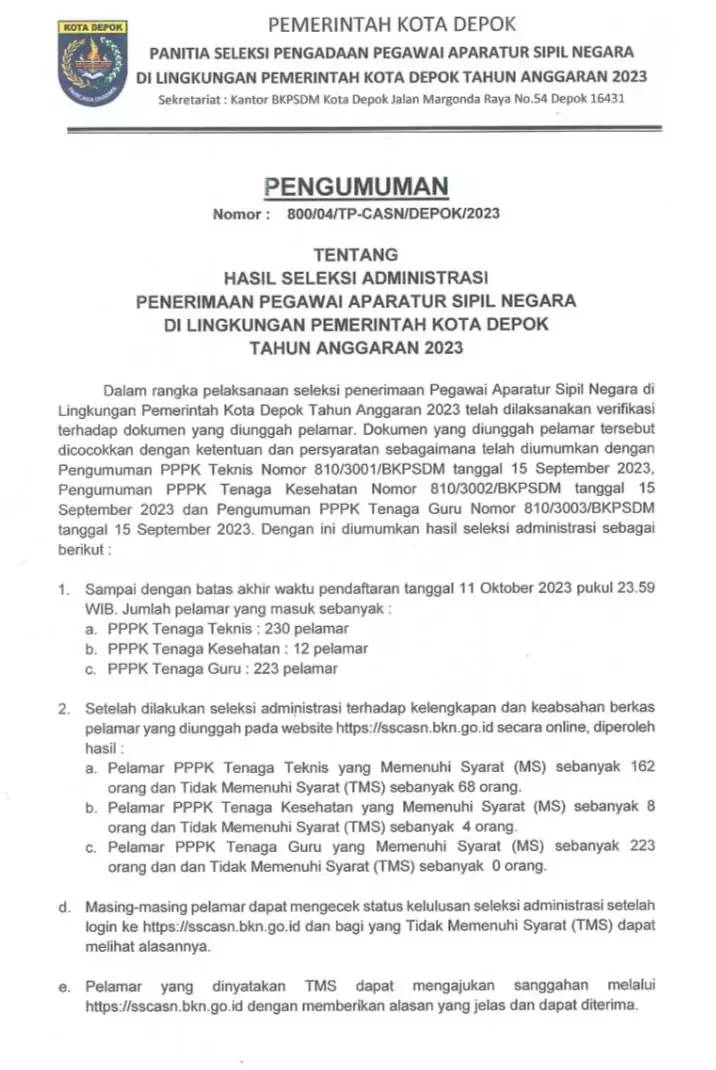 Ratusan Pelamar PPPK di Kota Depok Lolos Seleksi Administasi