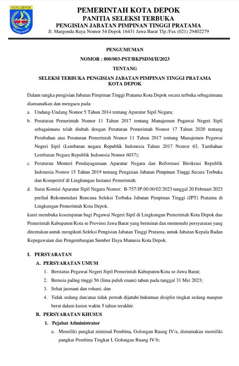 Pemkot Depok Buka Lelang Jabatan Kepala BKPSDM
