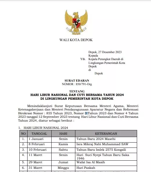 Pemkot Depok Umumkan Hari Libur Nasional dan Cuti Bersama 2024