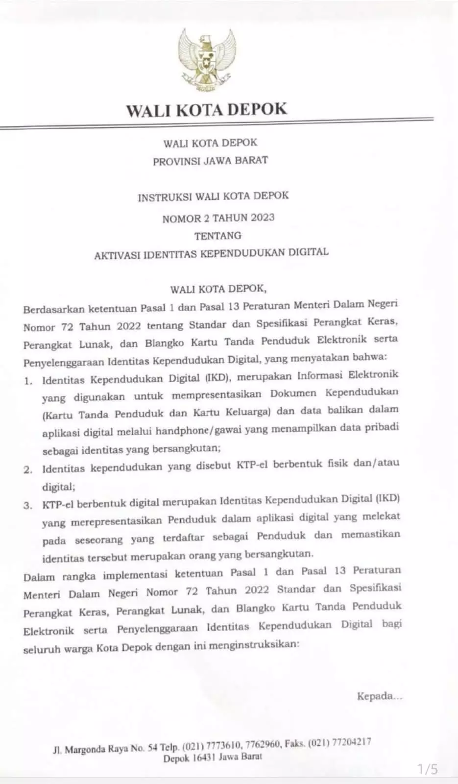 Pemkot Depok Keluarkan Inwal Percepatan Identitas Kependudukan Digital