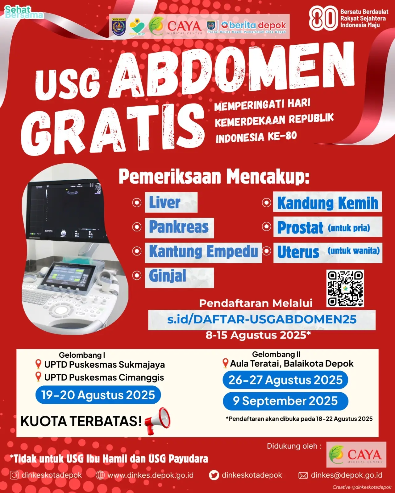 Peringati HUT ke-80 RI, Dinkes Depok Gelar Pemeriksaan USG Abdomen Gratis