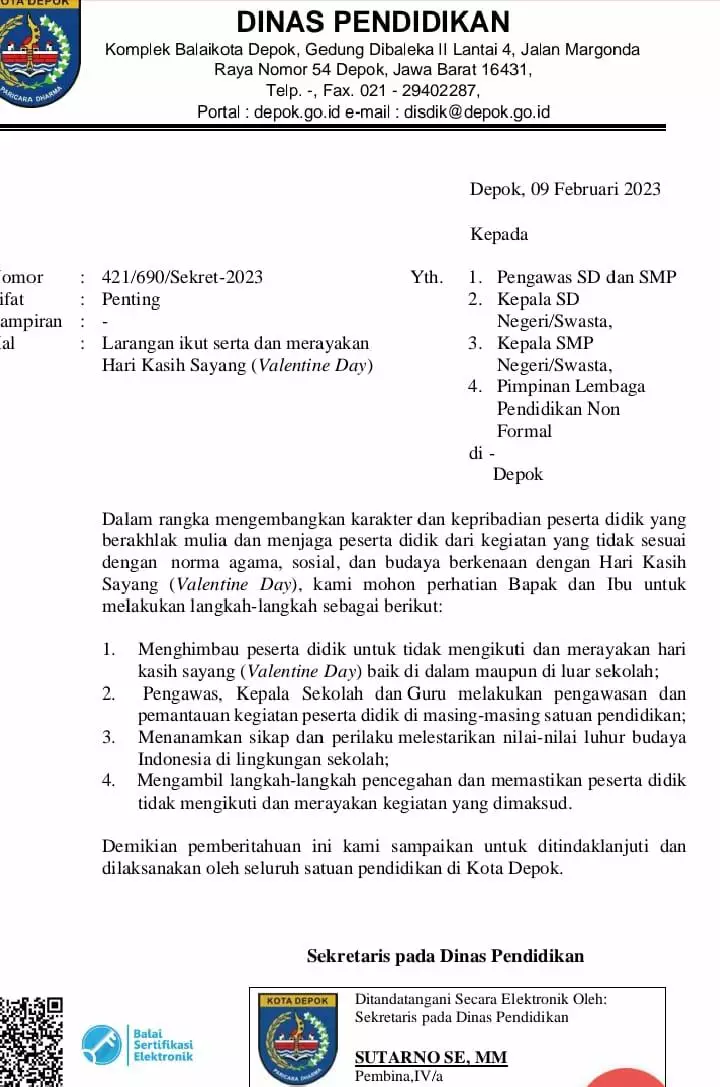 Disdik Depok Keluarkan SE Larangan Rayakan Hari Valentine