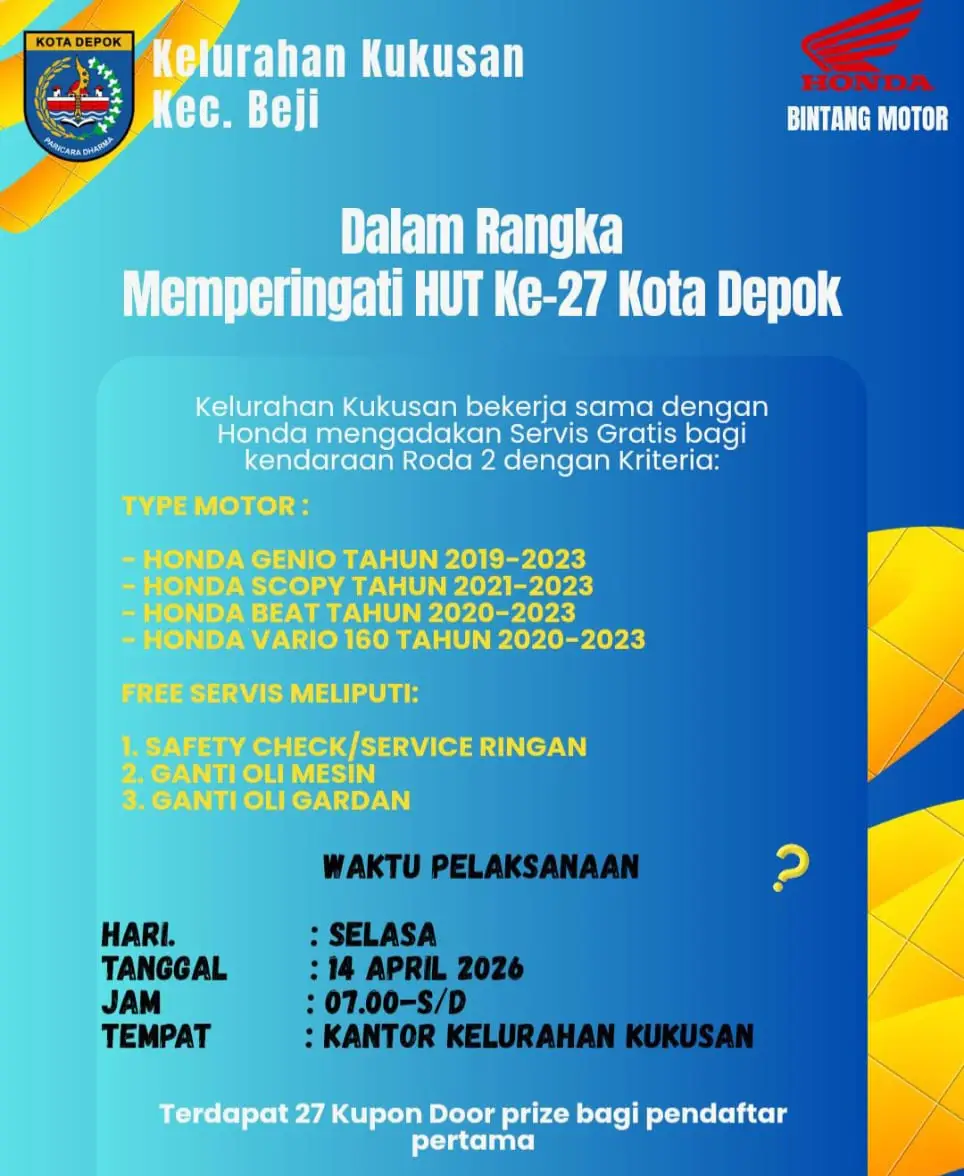 HUT Kota Depok, Kelurahan Kukusan Gandeng Perusahaan Otomotif Gelar Servis Motor Gratis