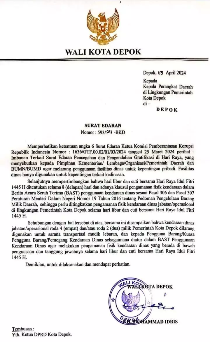 Pemkot Depok Larang Kendaraan Dinas Dibawa Mudik