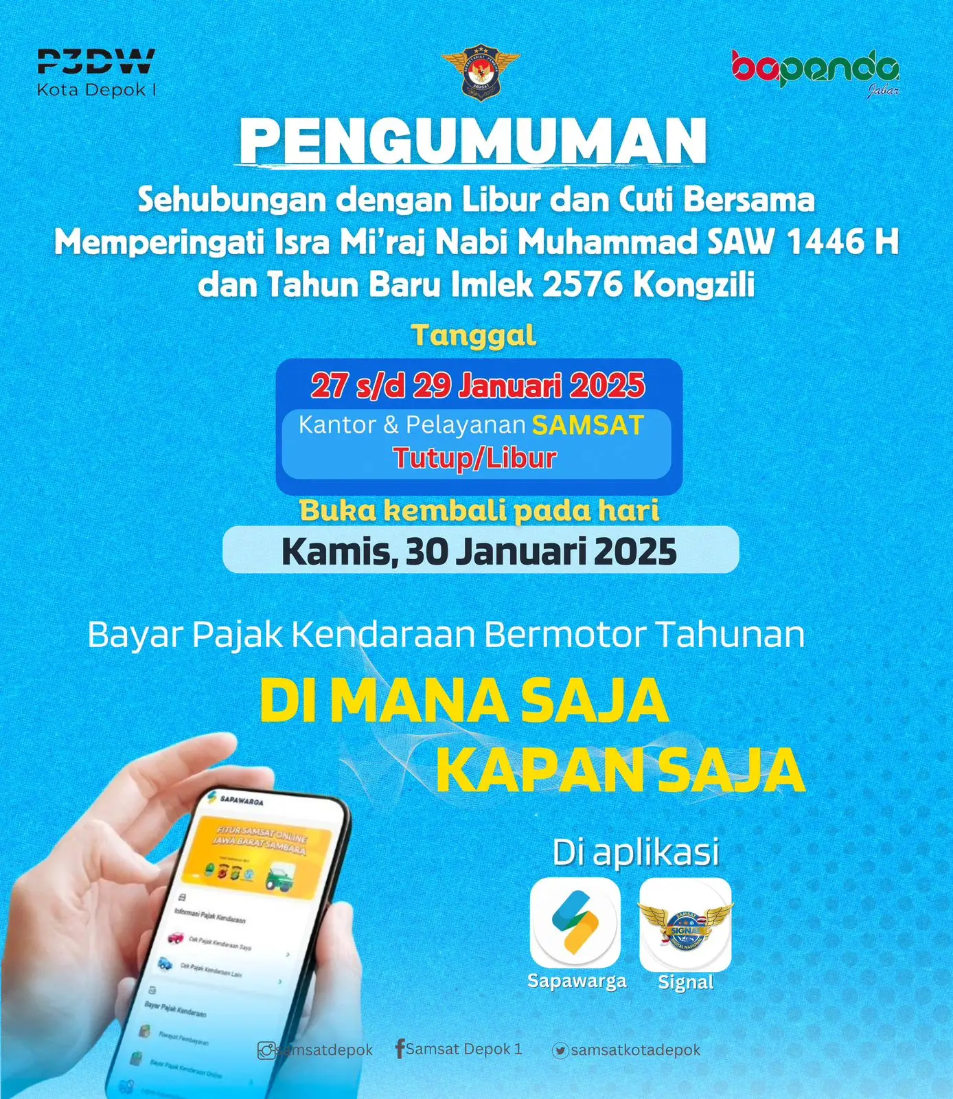 Pelayanan Samsat Depok Tutup Sementara Selama Isra Miraj dan Imlek 2025