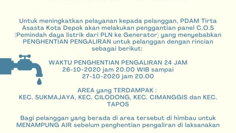 Penghentian Sementara, PDAM Tirta Asasta Imbau Pelanggan Tampung Air Bersih