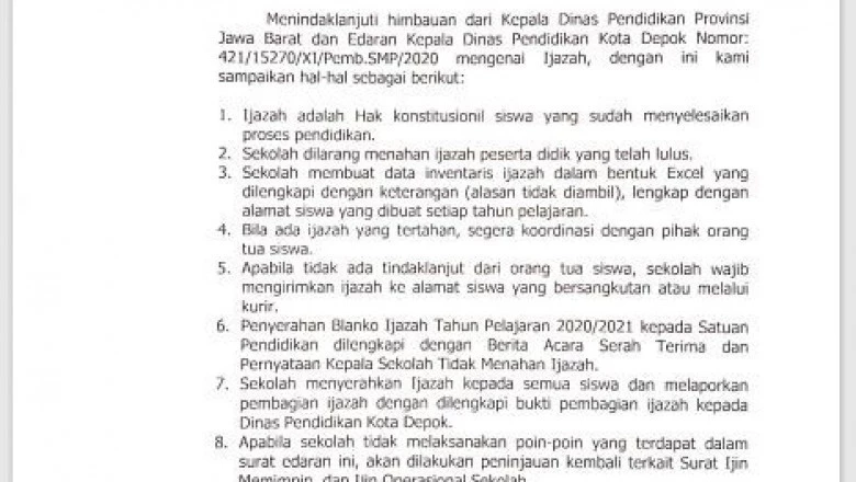 Disdik Depok Terbitkan SE terkait Larangan Penahanan Ijazah