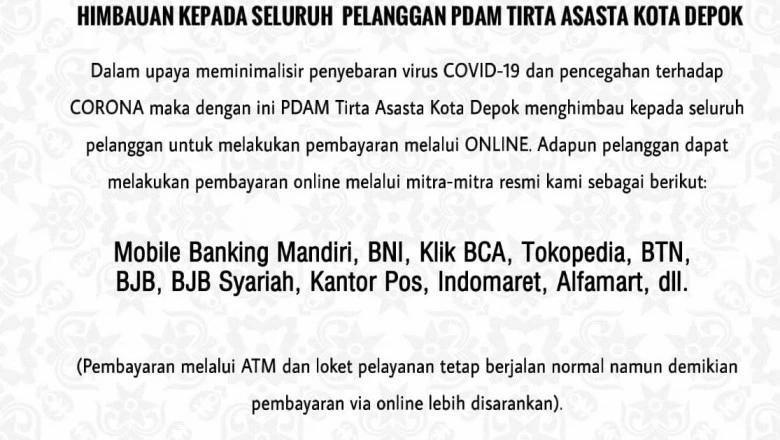 PDAM Tirta Asasta Imbau Pelanggan Bayar Tagihan Air Lewat Online