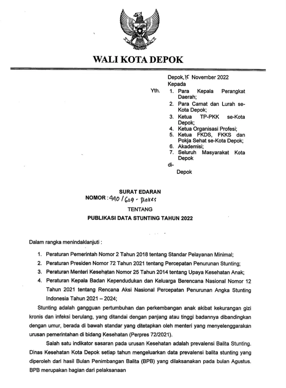 Wali Kota Depok Keluarkan SE tentang Publikasi Data Stunting