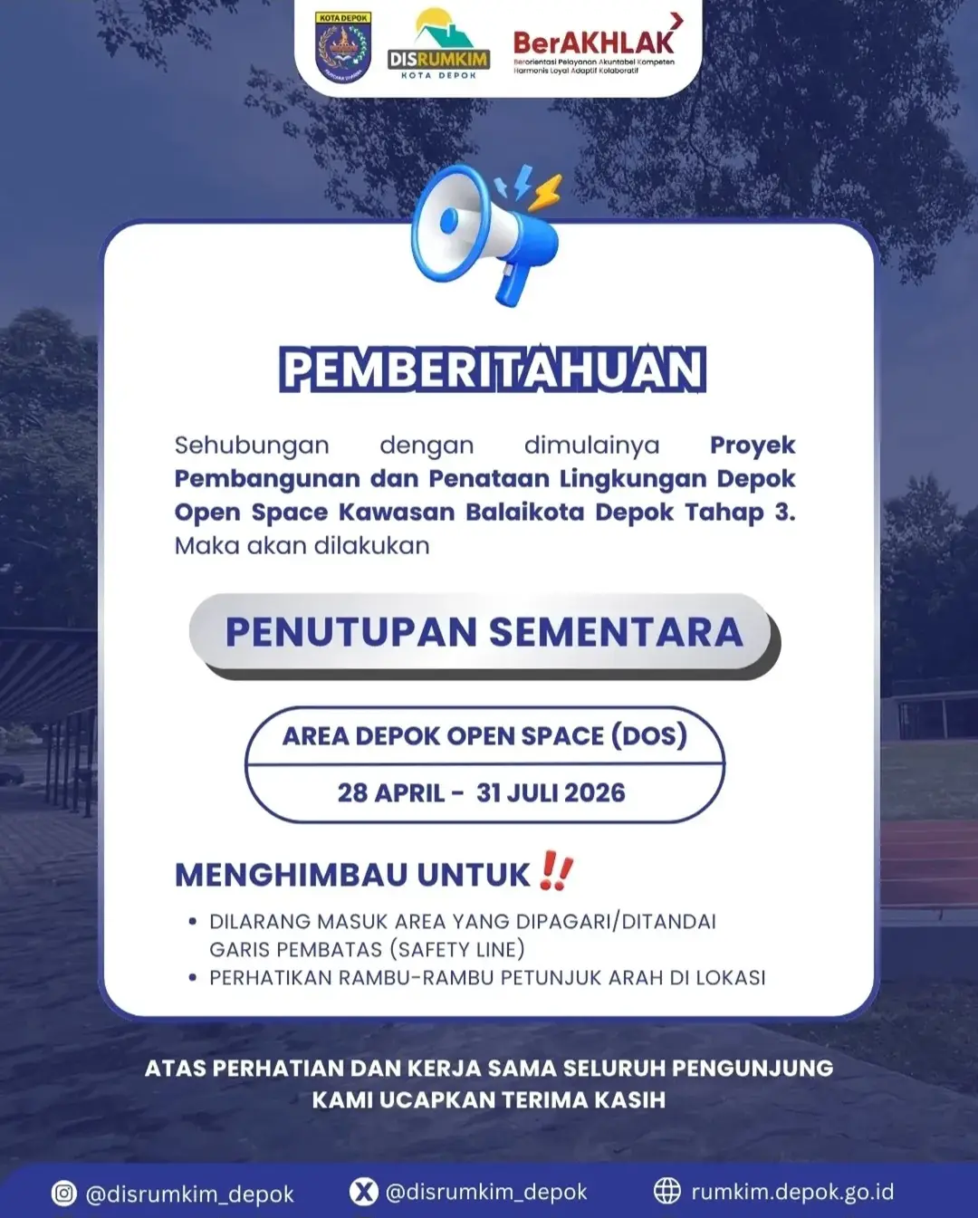 Pembangunan Tahap III, Depok Open Space Ditutup hingga Juli 2026