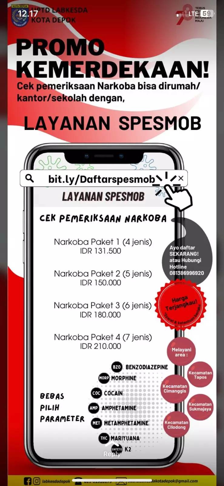 Labkesda Depok Sediakan Promo Kemerdekaan Pemeriksaan Narkoba dengan Layanan SpesMob