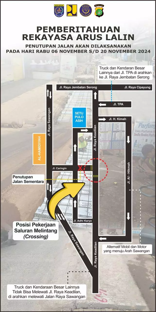 Ada Pekerjaan Infrastruktur, Arus Lalin Jalan Raya Keadilan Depok Dialihkan Sementara