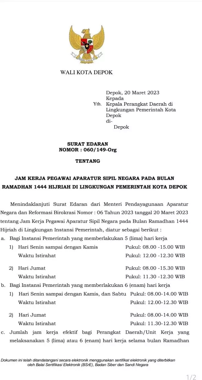 Wali Kota Terbitkan SE Aturan Jam Kerja ASN Depok Selama Ramadan
