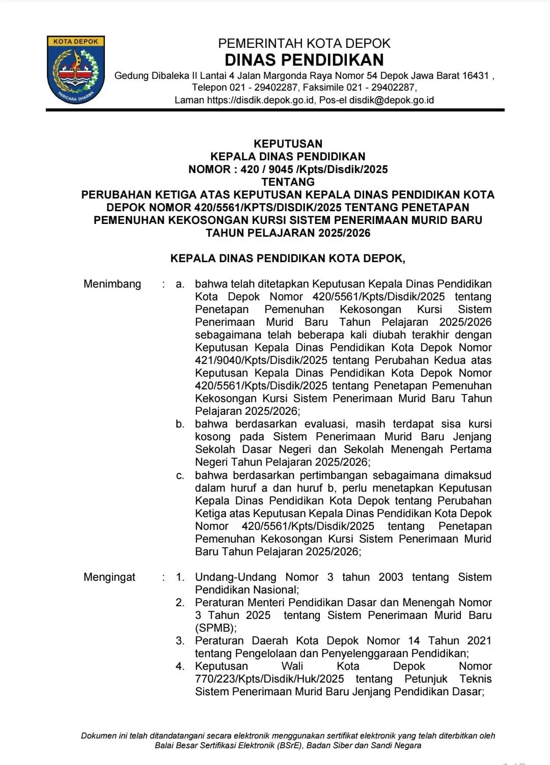 Masih Ada Kuota SD dan SMP Negeri, Disdik Depok Buka Lagi Pendaftaran 1–2 Juli
