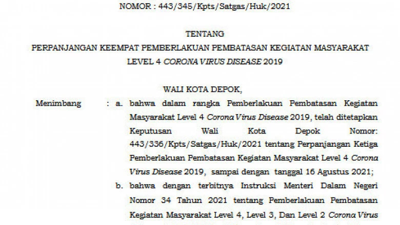 PPKM Level 4 di Depok Kembali Diperpanjang hingga 23 Agustus