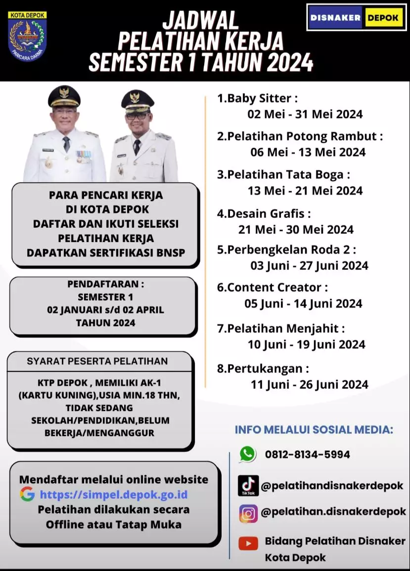 Segera Daftar! Pelatihan Kerja Disnaker Depok Semester 1 Dibuka