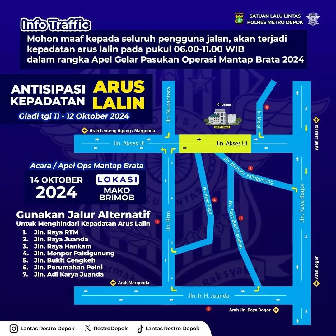Masyarakat Diimbau Hindari Jalan Akses UI pada 14 Oktober, Ada Operasi Mantap Brata di Mako Brimob