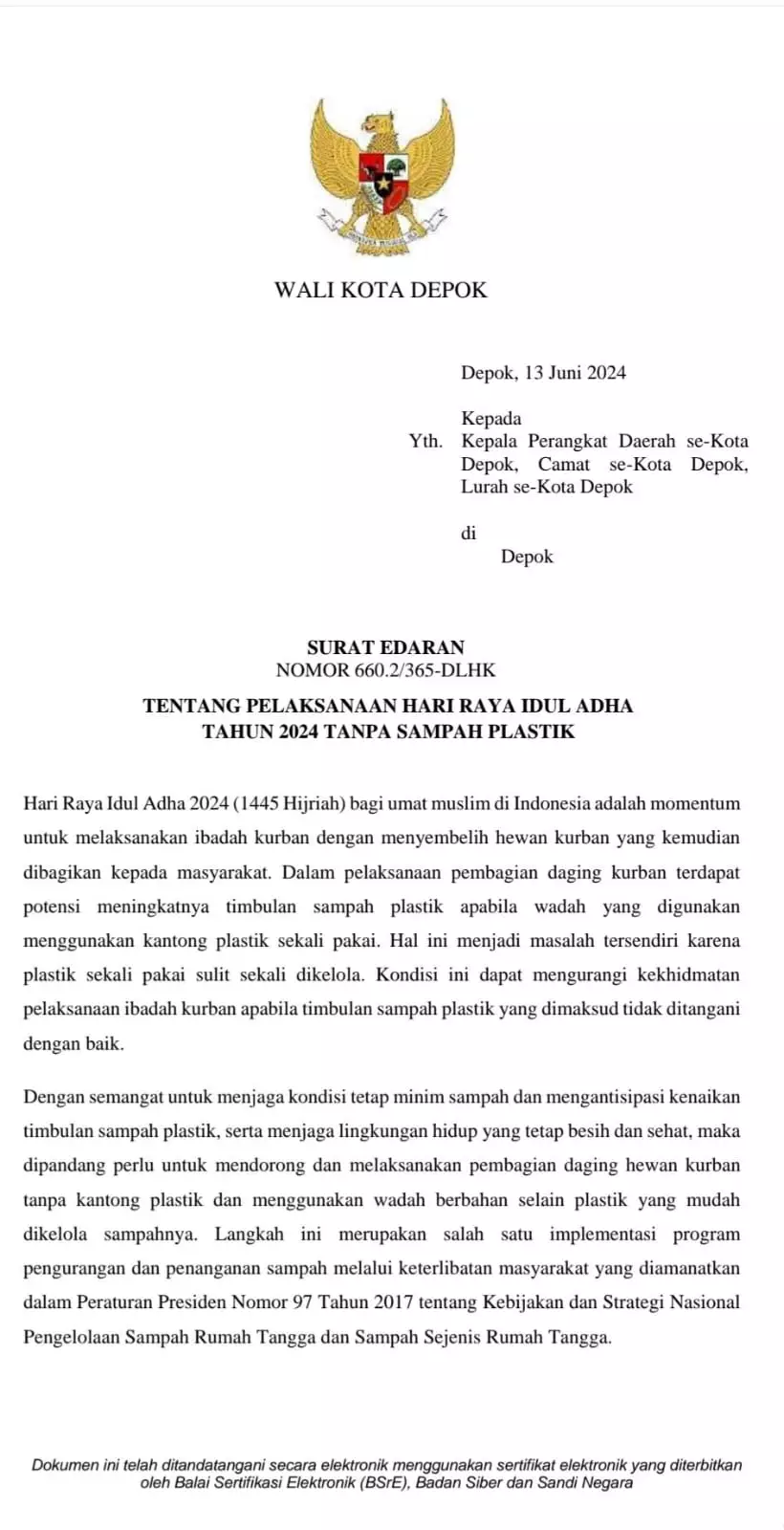 Pemkot Depok Serukan Iduladha 2024 Tanpa Sampah Plastik