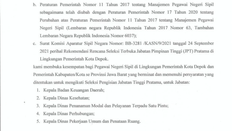 Pemkot Depok Buka Seleksi untuk Lima Jabatan Kepala Dinas