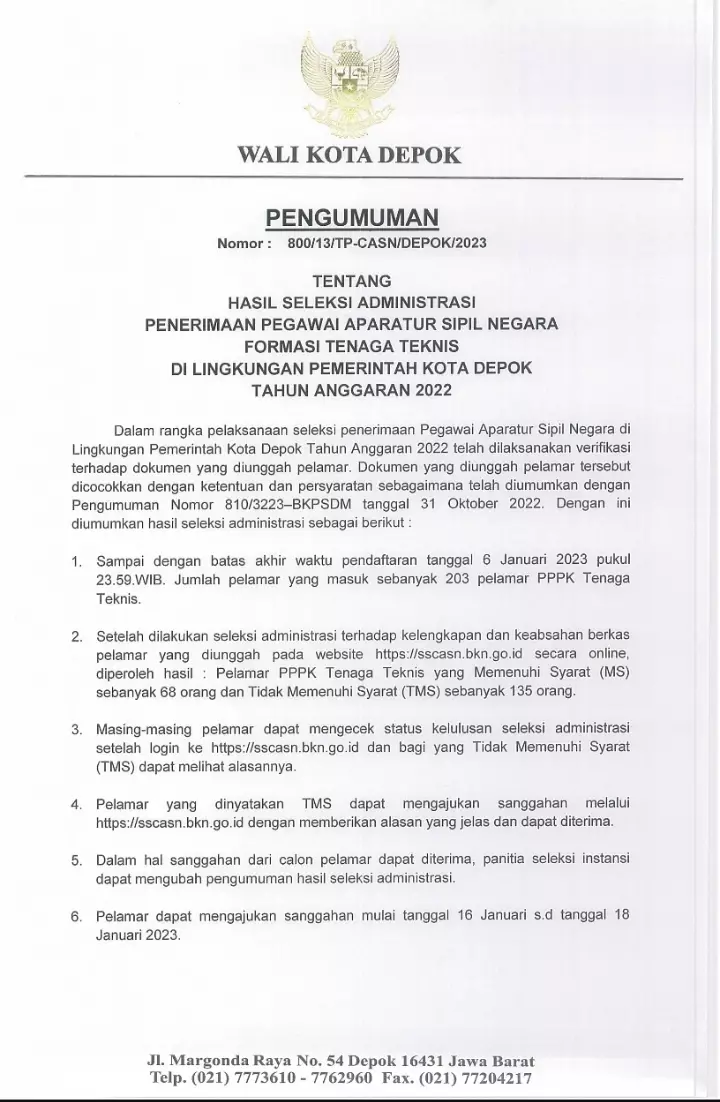 Pemkot Depok Umumkan Hasil Seleksi Administrasi PPPK Tenaga Teknis