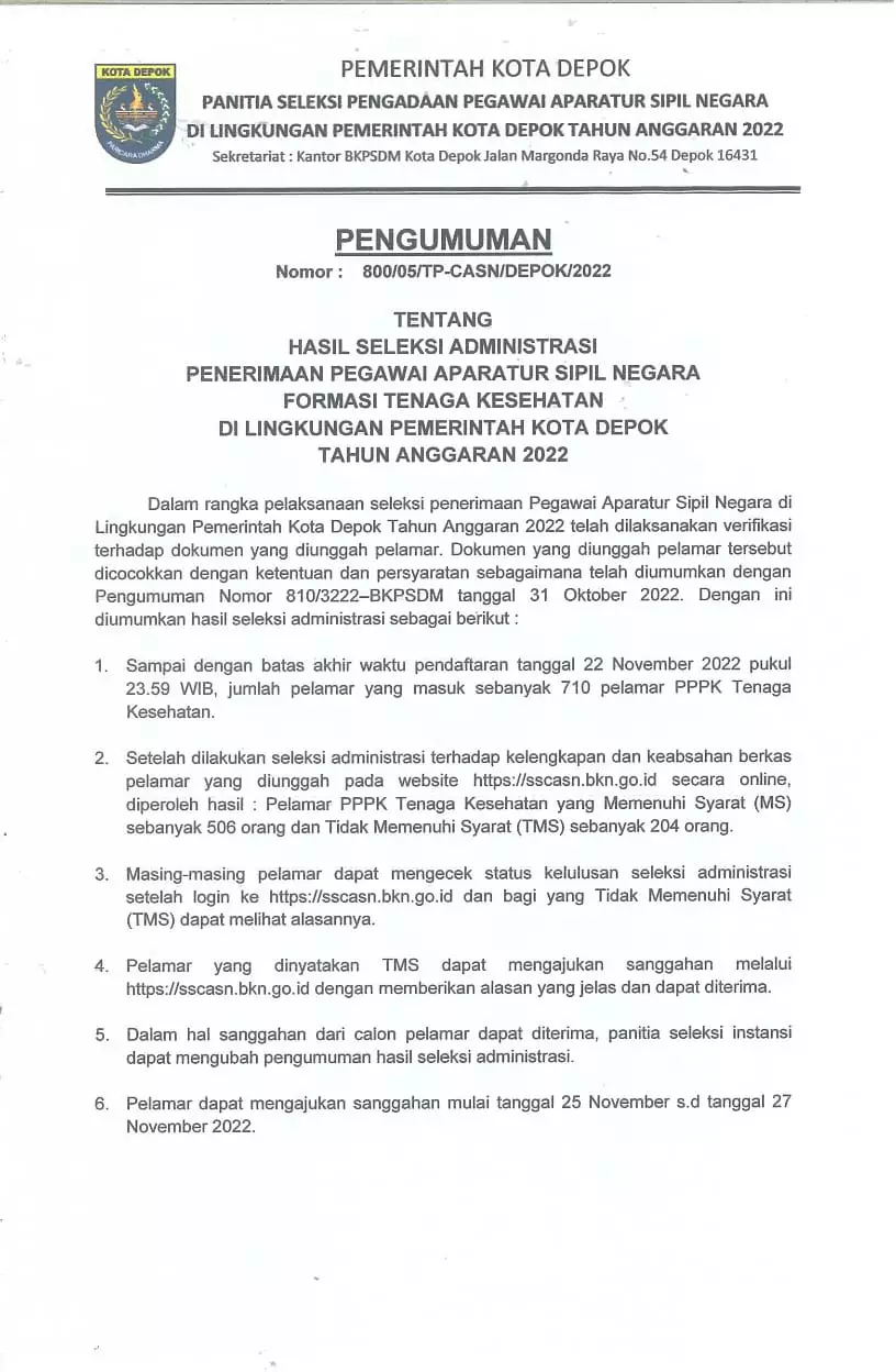 506 Pelamar PPPK Nakes Depok Dinyatakan Lolos Seleksi Administrasi