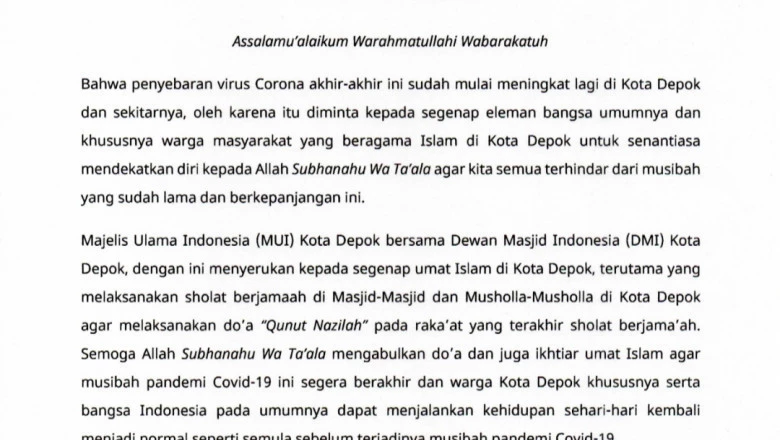 MUI dan DMI Depok Ajak Umat Islam Baca Doa Qunut Nazilah, Agar Covid-19 Segera Berakhir