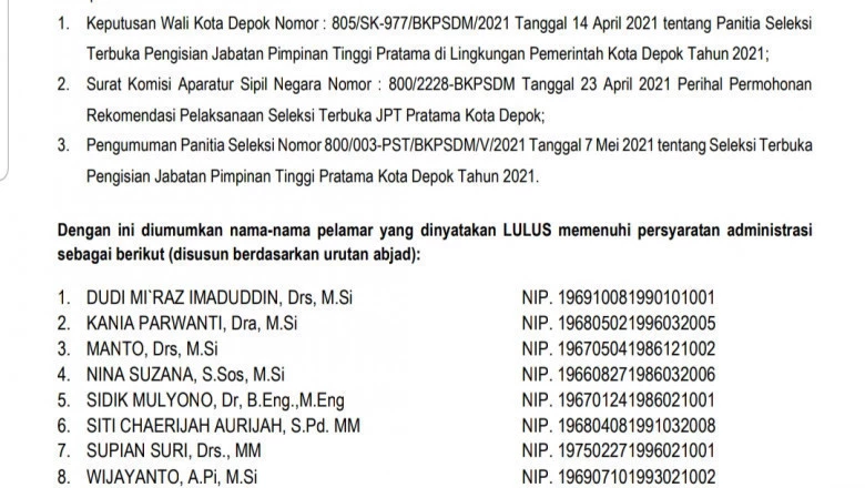 Delapan Calon Sekda Depok Berhasil Lolos Seleksi Administrasi 