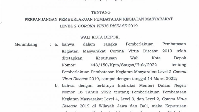 PPKM Level 2 Kota Depok Diperpanjang Hingga 21 Maret 2022