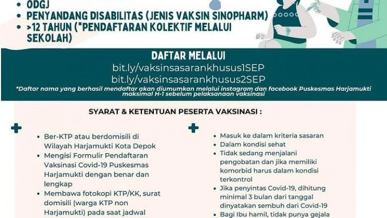 Puskesmas Harjamukti Buka Pendaftaran Vaksin Covid-19 Bagi Warga Sasaran Khusus 