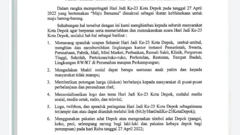 Warga Depok Diajak Meriahkan Hari Jadi ke-23 Kota Depok