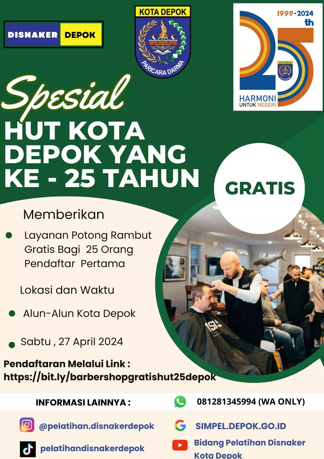 Hari Jadi ke-25 Kota Depok, Disnaker Buka Layanan Potong Rambut Gratis