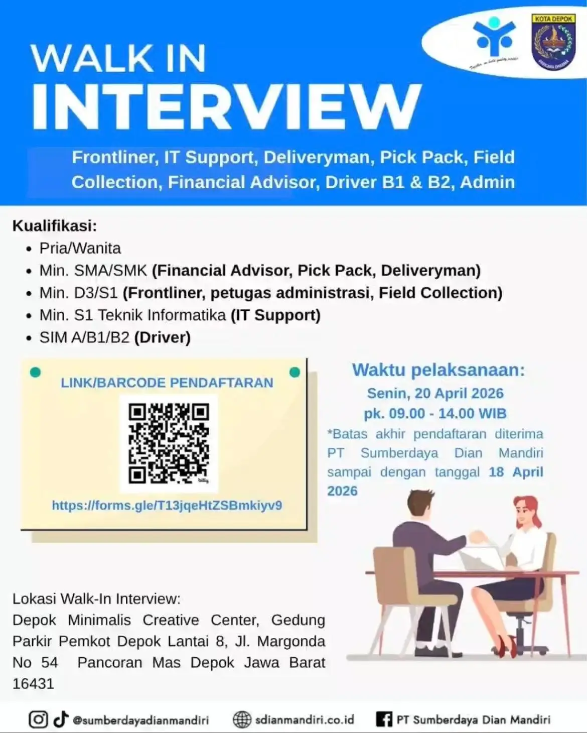 Buka Peluang Kerja, Disnaker Depok Fasilitasi Walk-in Interview PT Sumberdaya Dian Mandiri