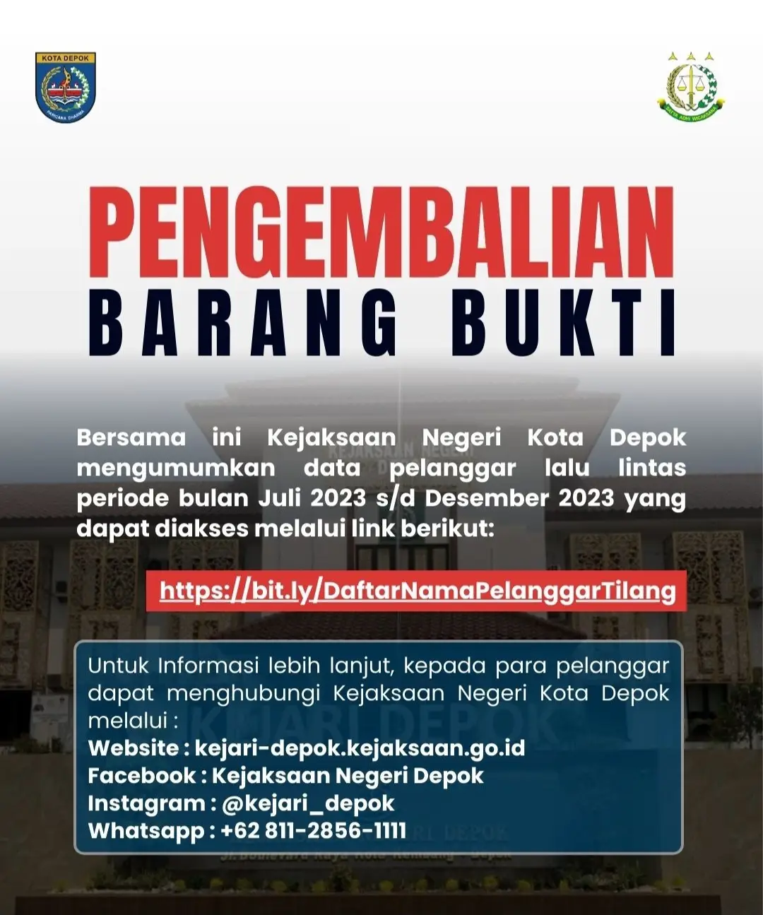Kejari Depok Umumkan Pengembalian Barang Bukti Tilang Periode 2023