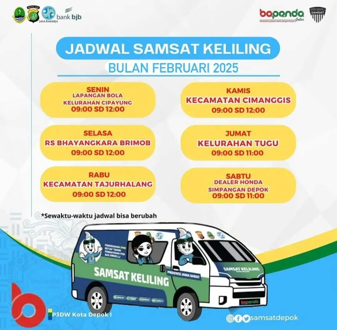 Jadwal dan Lokasi Samsat Keliling Kota Depok Bulan Februari 2025