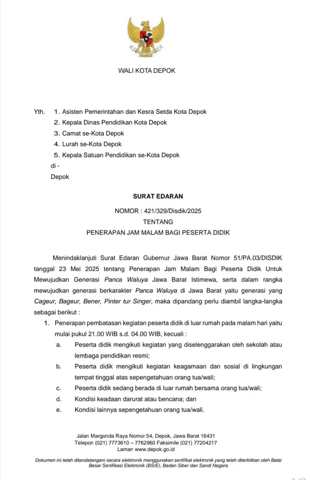 Terapkan Jam Malam Bagi Peserta Didik, Wali Kota Depok Terbitkan Surat Edaran