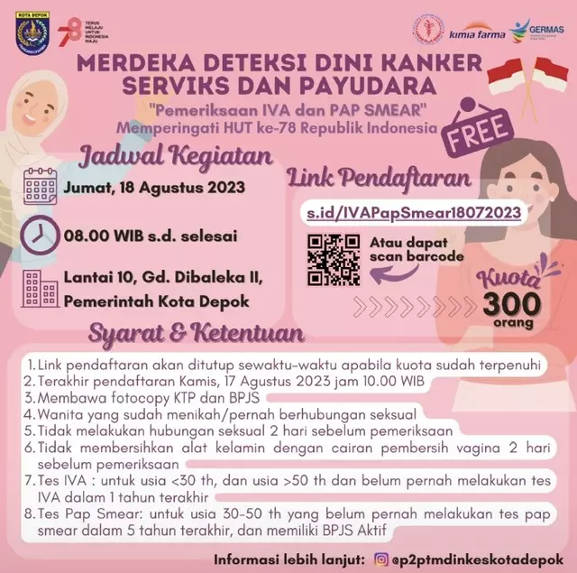 Semarak HUT ke-78 RI, Dinkes Depok Akan Adakan Pemeriksaan Pap Smear dan IVA Gratis