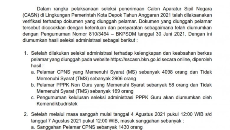 Hasil Seleksi Administrasi Pasca Sanggah, 4.276 CASN dan 120 PPPK Non Guru Memenuhi Syarat