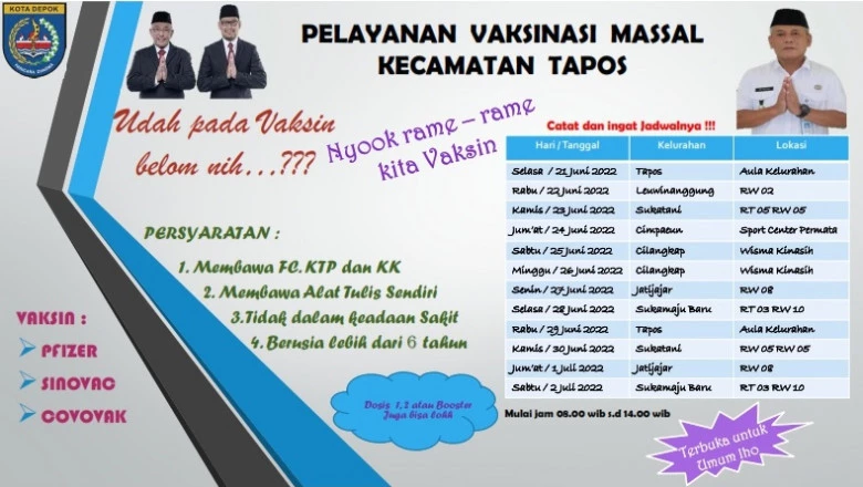 Catat Jadwal dan Lokasi Vaksinasi Covid-19 di Kecamatan Tapos