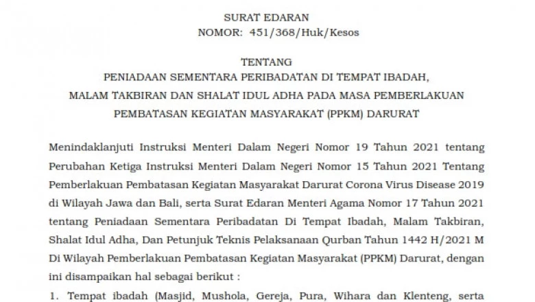 PPKM Darurat, Salat Iduladha di Masjid Ditiadakan
