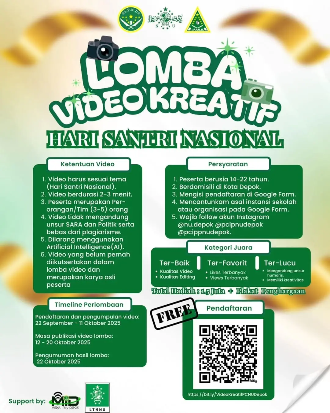 Buruan Daftar! PCNU Depok Gelar Lomba Video Kreatif Sambut Hari Santri Nasional 2025