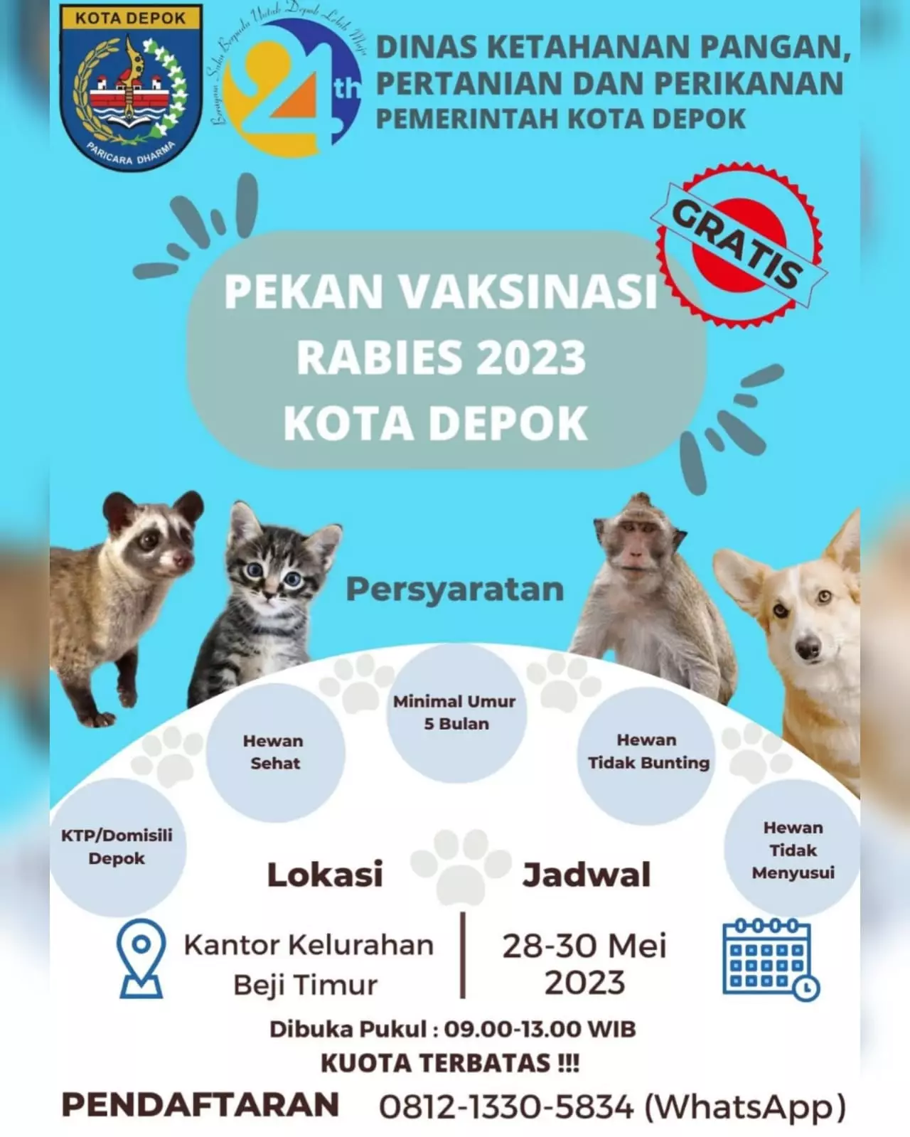 DKP3 Bakal Gelar Vaksinasi Rabies Gratis, Catat Tanggalnya