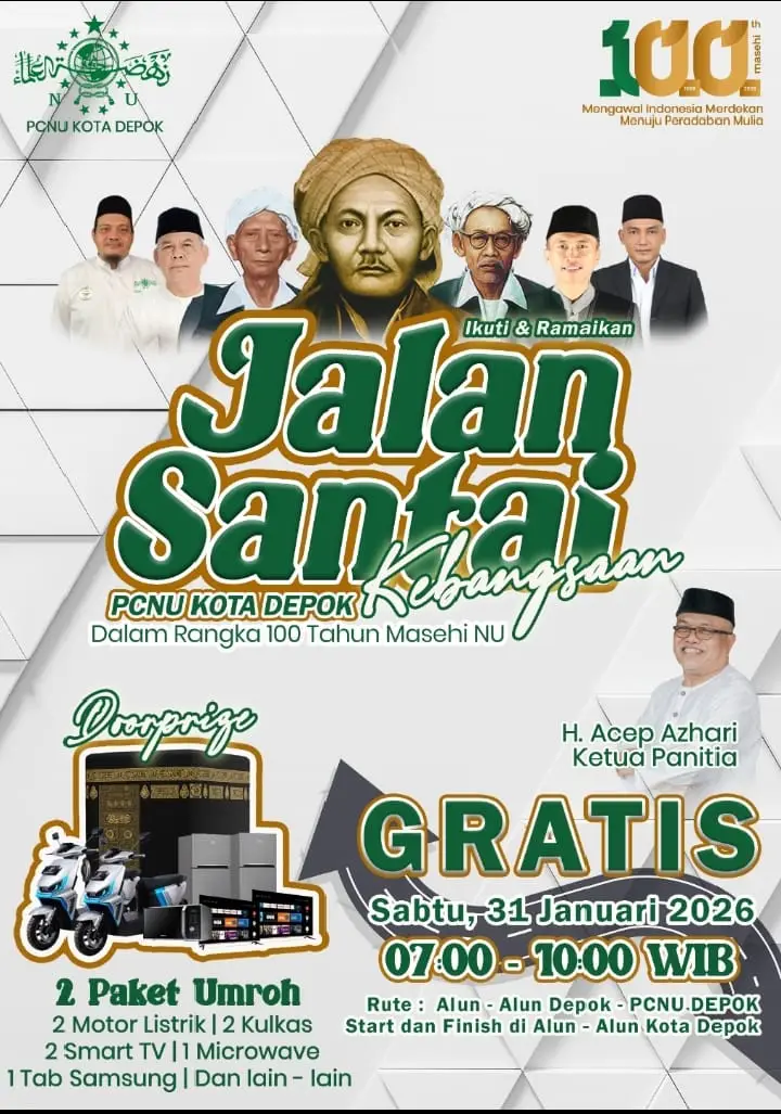 Rayakan Satu Abad NU, PCNU Depok Gelar Jalan Santai Kebangsaan Berhadiah Umroh dan Motor Listrik