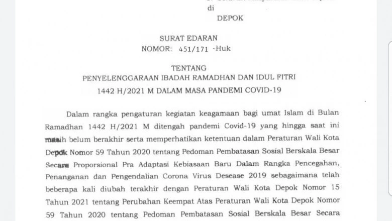 Pemkot Depok Terbitkan SE terkait Penyelenggaraan Ramadan dan Idulfitri di Masa Pandemi