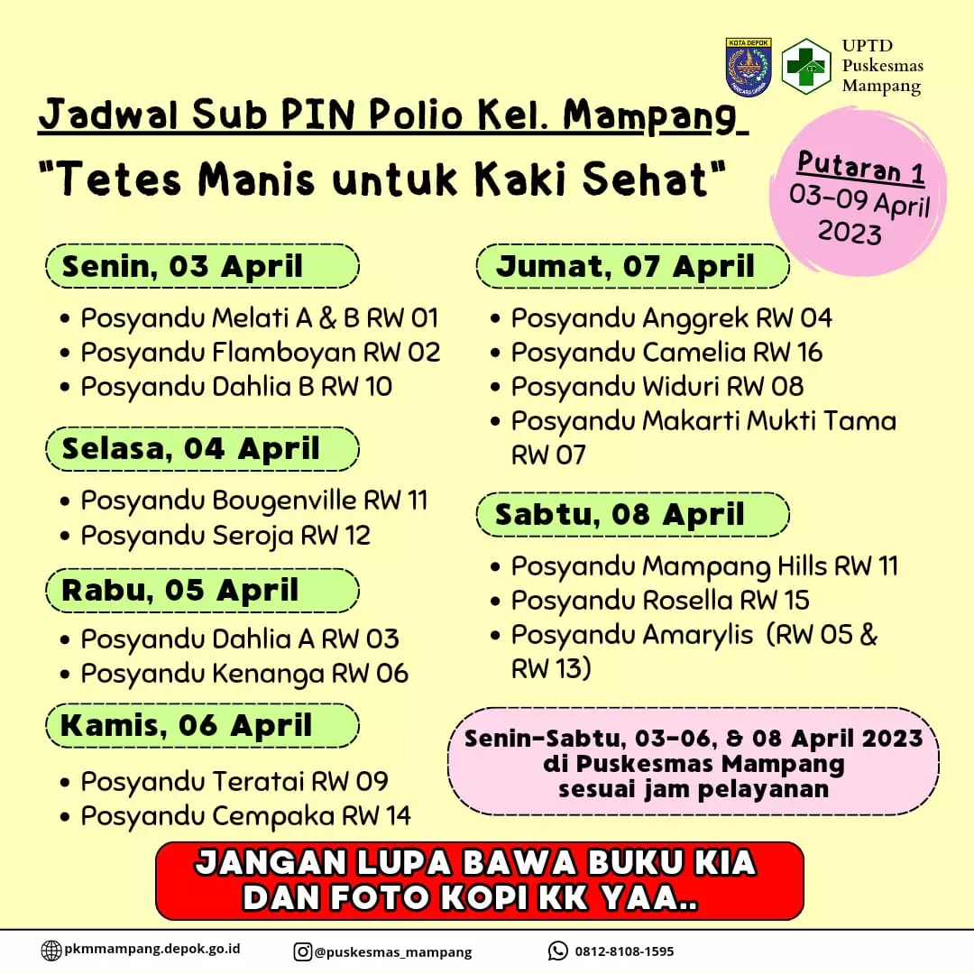 Ini Jadwal Pelaksanaan Sub PIN Polio UPTD Kelurahan Mampang