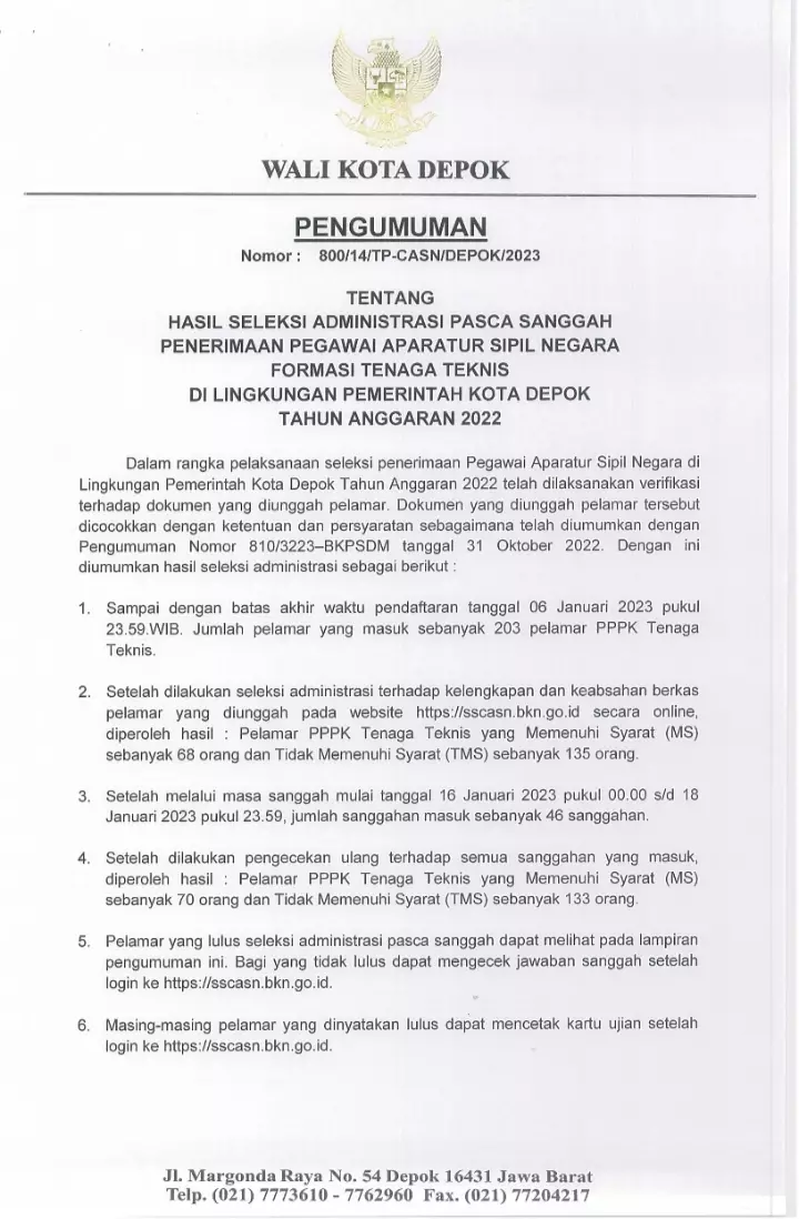 Pemkot Depok Umumkan Hasil Seleksi Administrasi Pasca Sanggah PPPK Tenaga Teknis