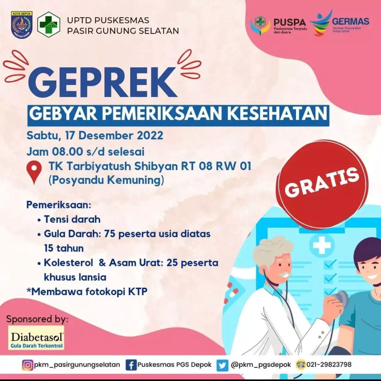 Besok, Puskesmas PGS Gelar Pemeriksaan Kesehatan Gratis di Posyandu Kemuning