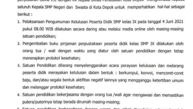 Pengumuman Kelulusan SMP di Depok Disampaikan Lewat Daring
