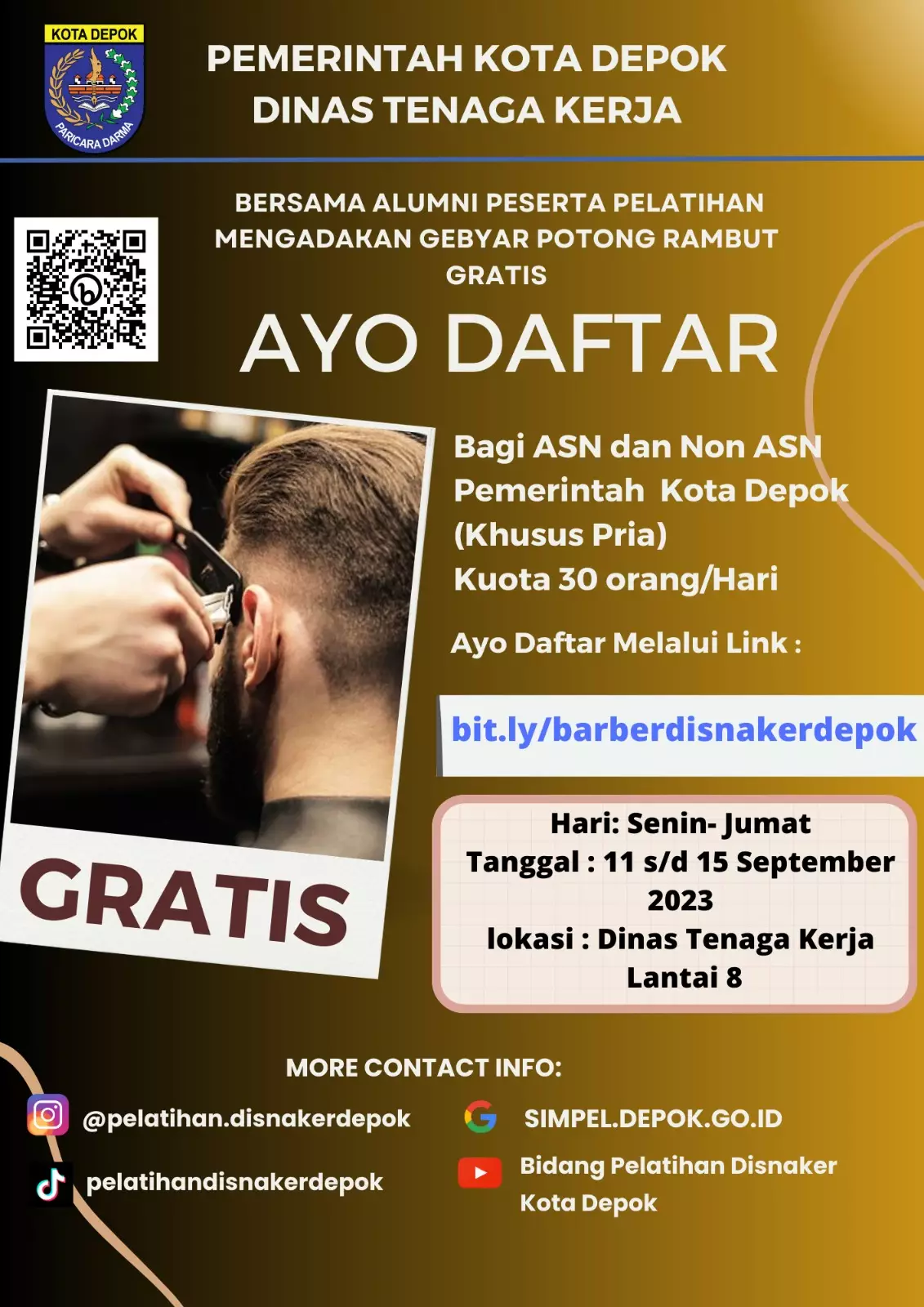 Ayo Daftar, Disnaker Depok Buka Layanan Gebyar Potong Rambut Gratis