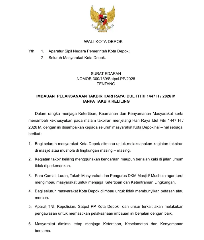 Malam Takbiran di Depok Diimbau Tanpa Takbir Keliling